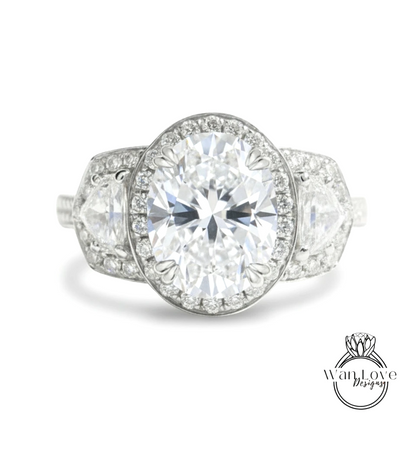 A stunning diamond engagement ring with a large oval-shaped diamond at the center, surrounded by smaller diamonds and set in a halo of smaller diamonds.