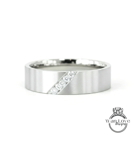 Mens Diagonal Diamond Wedding Band in Solid 14k Rose/White/Yellow Gold, Mans Moissanite Diamond Wedding Band, Birthstone Diamond Ring Gift