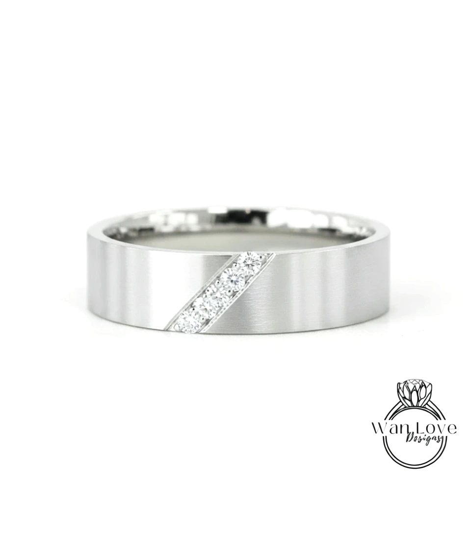 Diagonal Men's Sapphire Ring - Sapphire Ring Men - Diamonds Wedding Band - 5mm Band Moissanite - Unique Mens Band - 14k Gold - Ring For Men