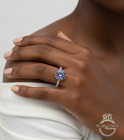 Alexandrite Sapphire engagement ring Lotus Flower Diamond rose gold ring unique diamond flower purple ring Anniversary promise bridal ring