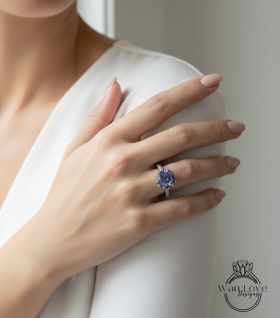 Anello di fidanzamento con fiore di loto, zaffiro viola, alessandrite, diamante colorato, smeraldo, bianco, giallo, oro rosa, 18 carati, platino, rotondo