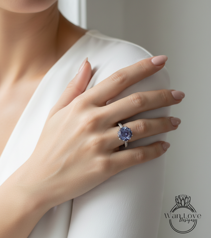 Anello di fidanzamento con fiore di loto, zaffiro viola, alessandrite, diamante colorato, smeraldo, bianco, giallo, oro rosa, 18 carati, platino, rotondo