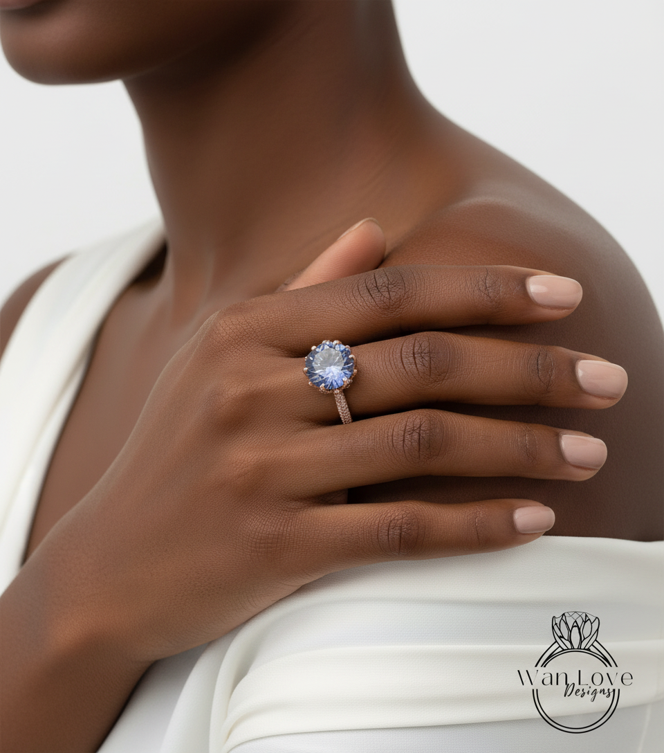 Anello di fidanzamento con fiore di loto, zaffiro viola, alessandrite, diamante colorato, smeraldo, bianco, giallo, oro rosa, 18 carati, platino, rotondo