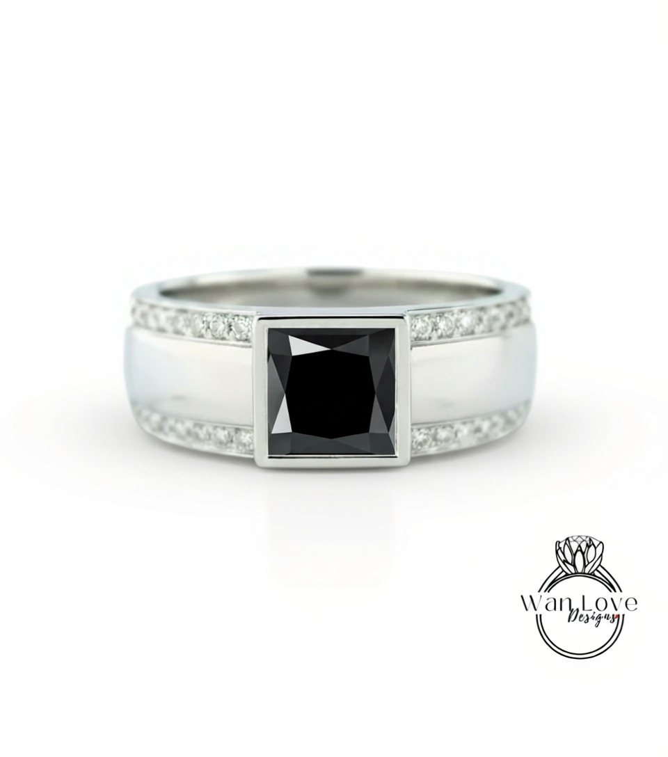 Men's Black Spinel Wedding Band | Square White Gold Men Band | Princess Cut Black Diamond Wedding Ring | Unique Men's Wedding Band