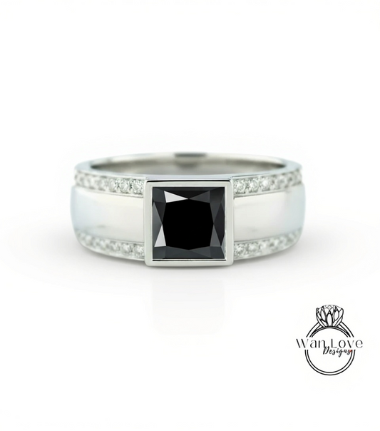 Men's Black Spinel Wedding Band | Square White Gold Men Band | Princess Cut Black Diamond Wedding Ring | Unique Men's Wedding Band