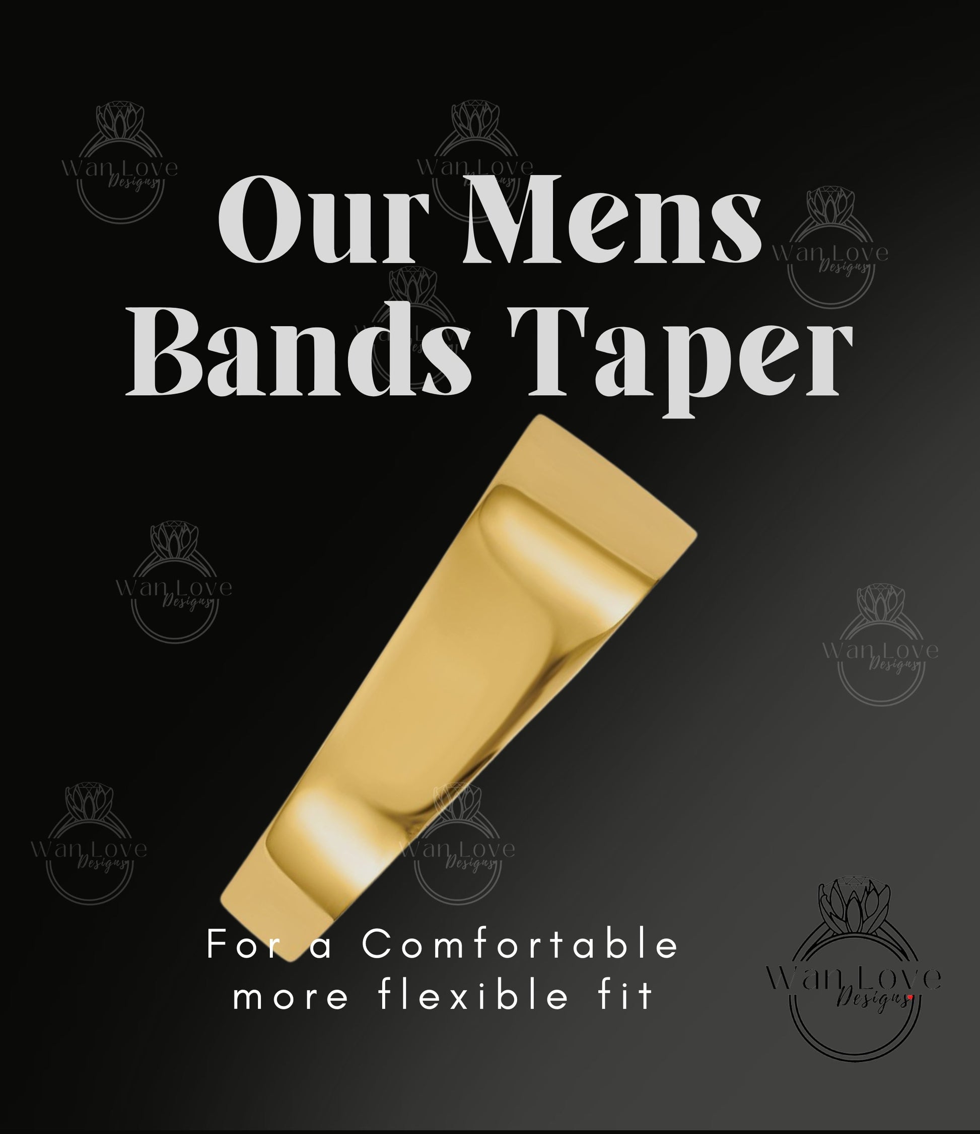 The image is a promotional poster for men's bands taper, featuring a gold band taper against a black background.