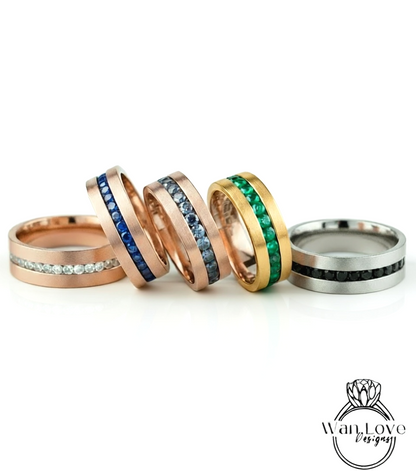 Diamond Mens Wedding Band, Middle row gems Cigar Band, 14k White Rose Gold Ring, Mens Band, Mans Birthstone Commitment Band