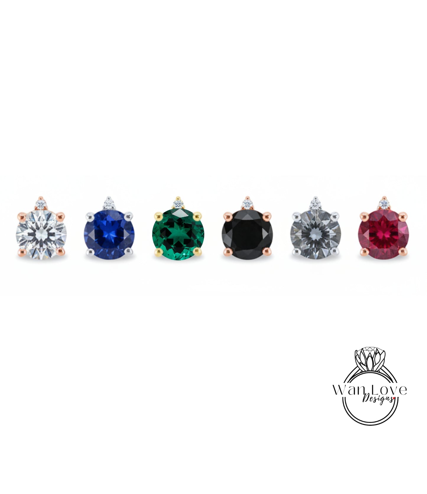 a collection of six earrings, each featuring a unique gemstone. The earrings are arranged in a row, showcasing the variety of colors and gemstones available.