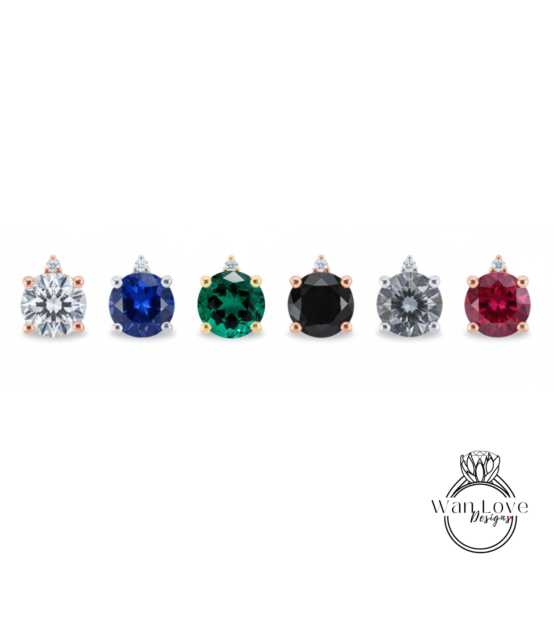 a collection of six earrings, each featuring a unique gemstone. The earrings are arranged in a row, showcasing the variety of colors and gemstones available.