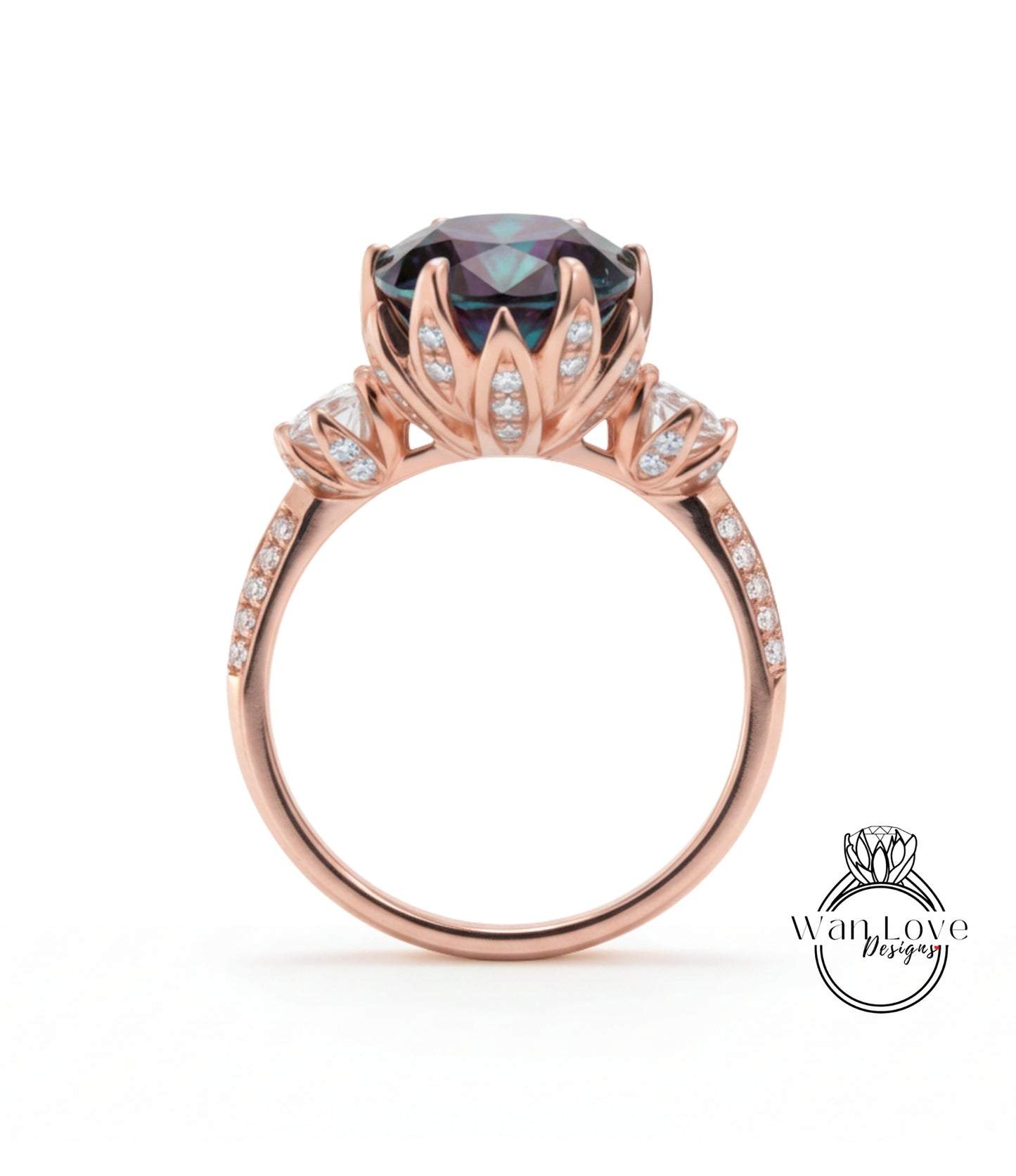 A rose gold engagement ring with a large purple gemstone set in a decorative floral design.