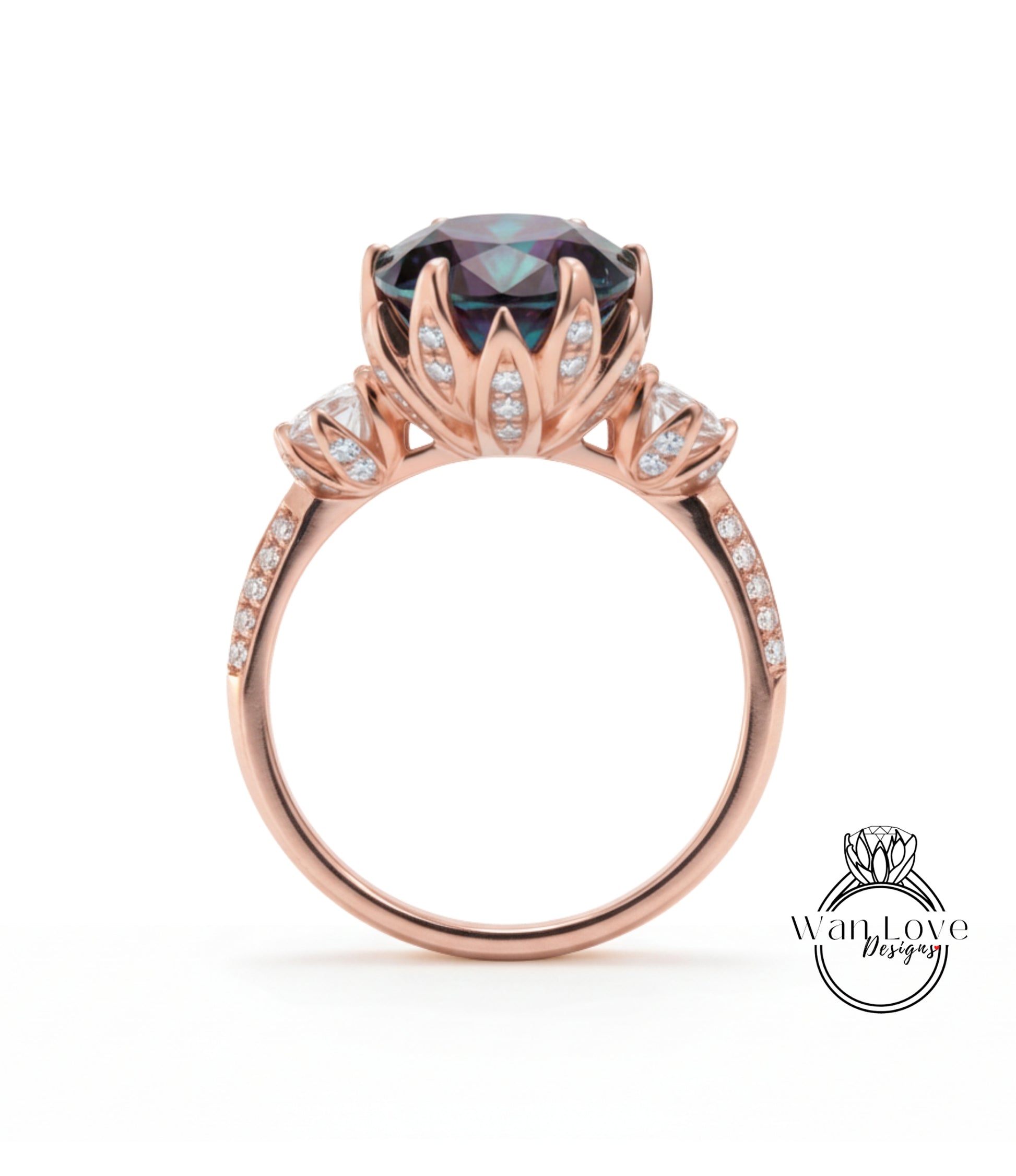 A rose gold engagement ring with a large purple gemstone set in a decorative floral design.