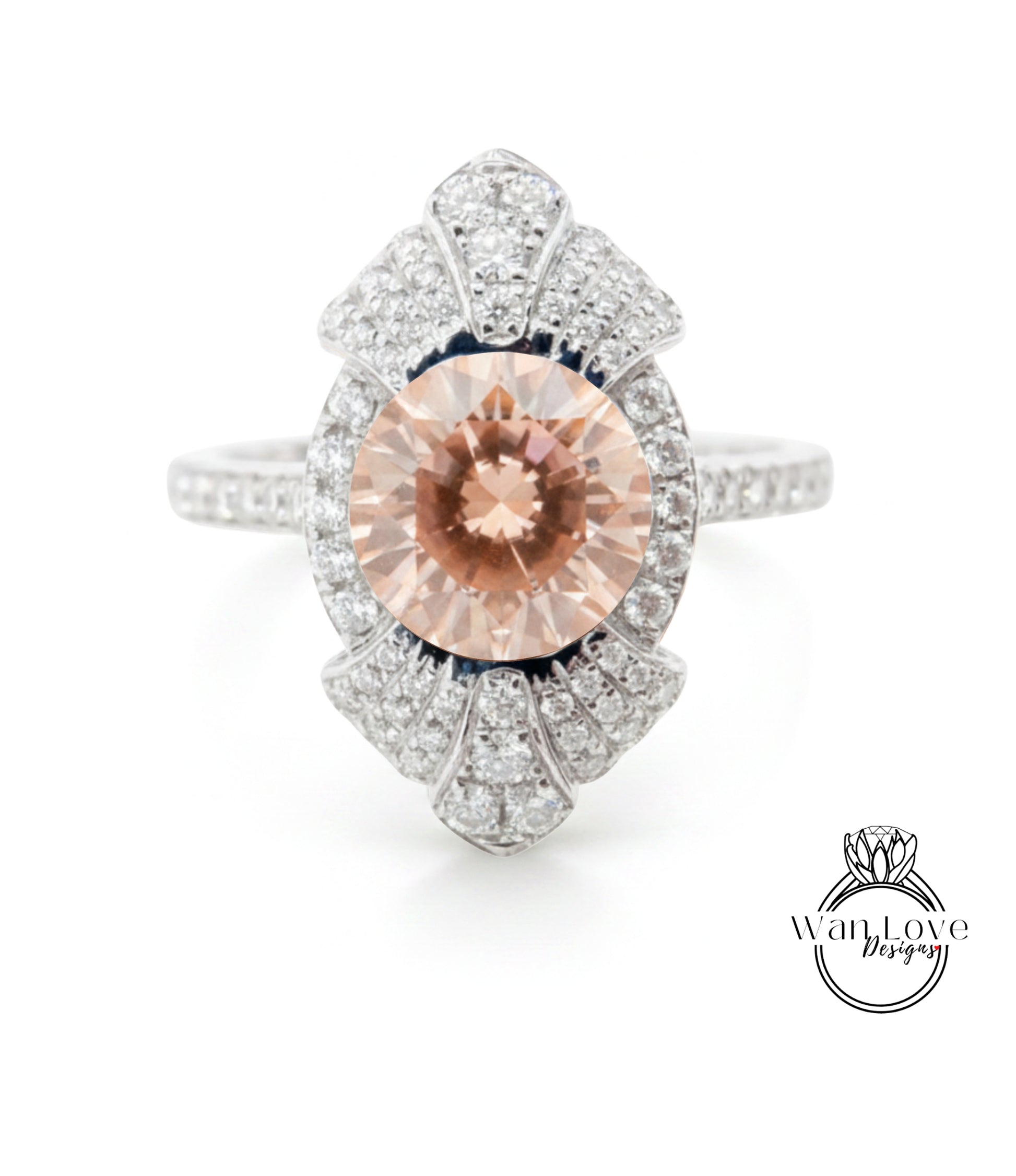 A stunning engagement ring with a large, round, peach-colored gemstone set in a sparkling diamond-encrusted band.