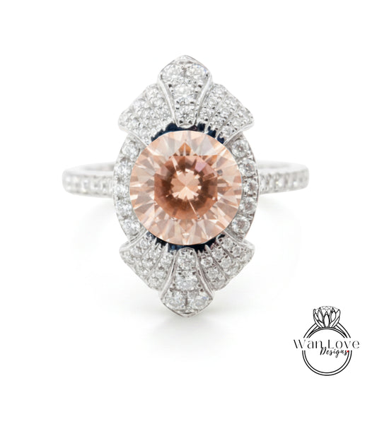 A stunning engagement ring with a large, round, peach-colored gemstone set in a sparkling diamond-encrusted band.