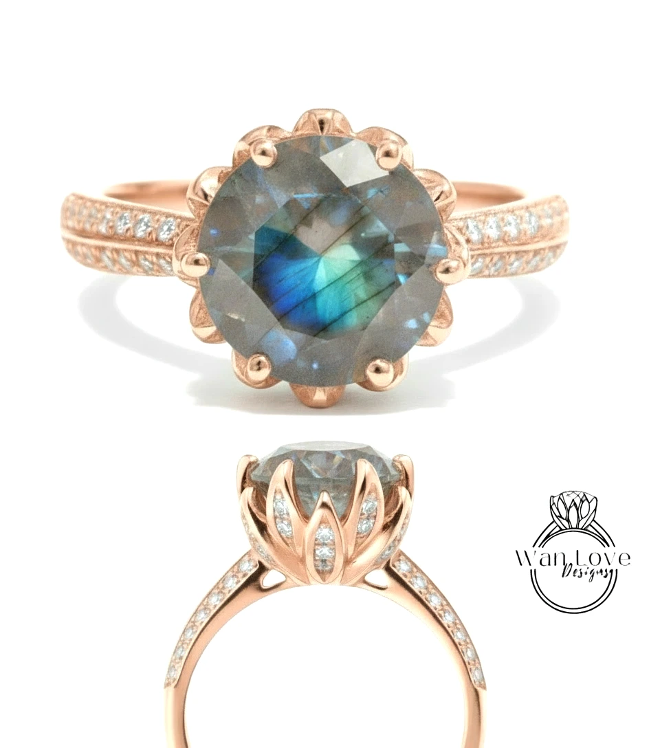 a beautiful engagement ring with a large blue gemstone set in a rose gold band. The ring is adorned with small diamonds, adding to its elegance and sophistication.