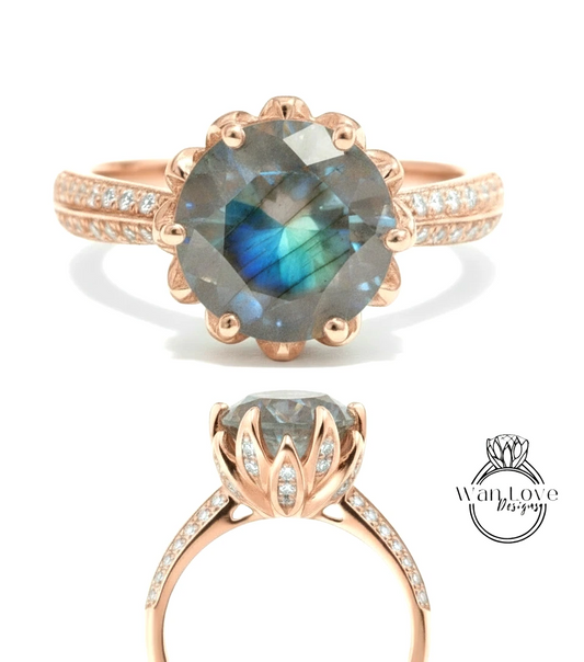 a beautiful engagement ring with a large blue gemstone set in a rose gold band. The ring is adorned with small diamonds, adding to its elegance and sophistication.