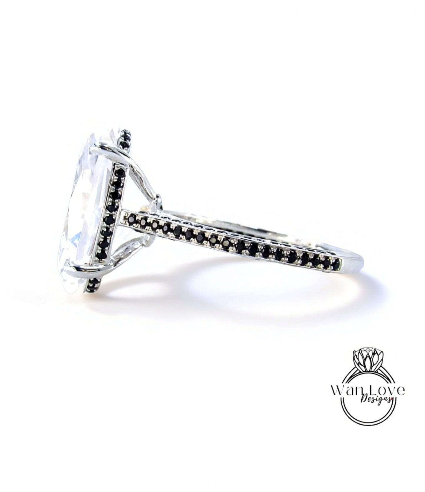 White Sapphire & Black Spinel Oval side halo Engagement Ring Celebrity style 9ct 15x10mm Wedding Bridal Ring Anniversary gift-Ready to Ship