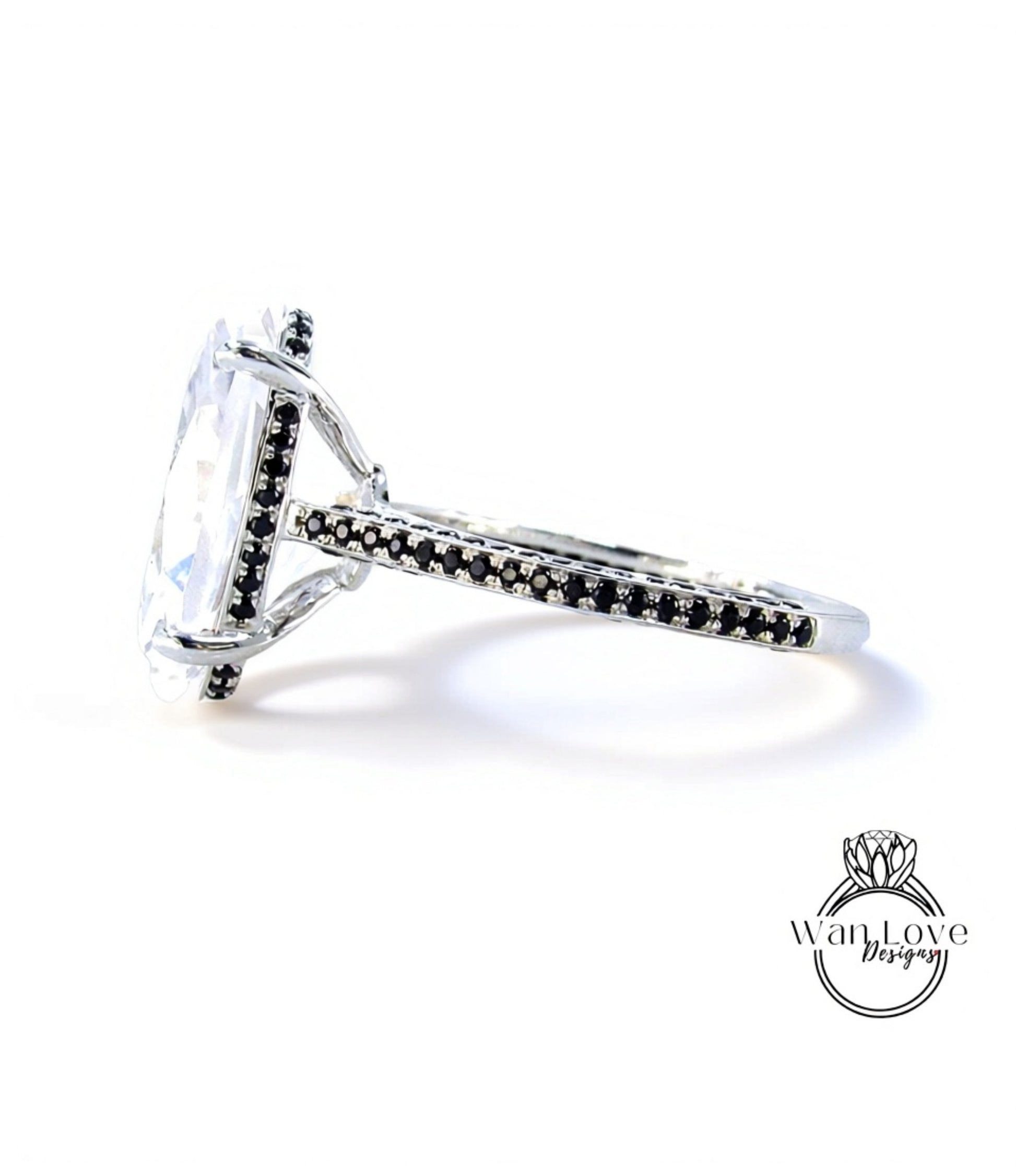 White Sapphire & Black Spinel Oval side halo Engagement Ring Celebrity style 9ct 15x10mm Wedding Bridal Ring Anniversary gift-Ready to Ship