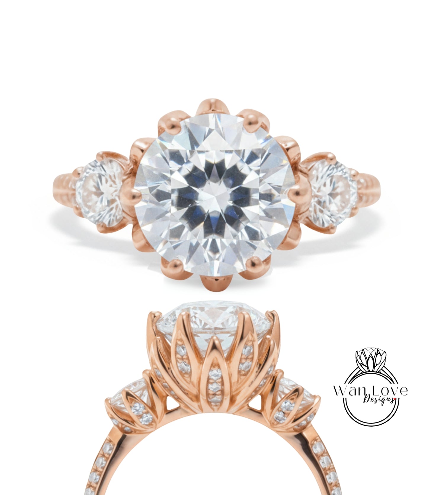 a beautiful rose gold engagement ring with a large, round diamond set in the center. The ring has three smaller diamonds on either side of the large central diamond, creating a symmetrical and elegant design.