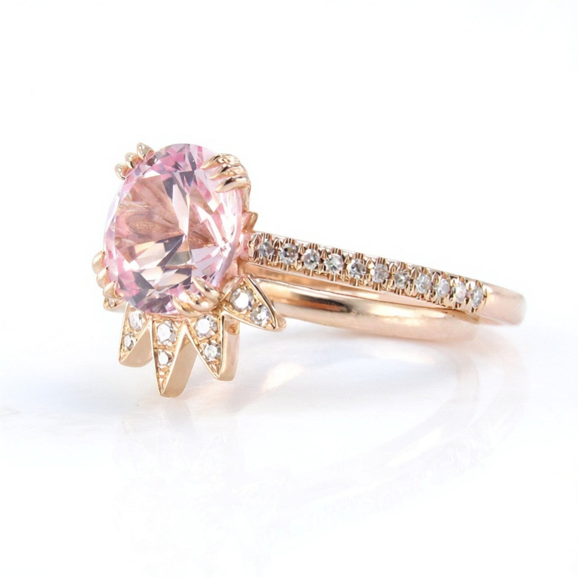 Ready Ship Vintage Peach Sapphire diamond engagement ring set round shaped rose gold diamond wedding ring Unique curved star band bridal set Wan Love Designs