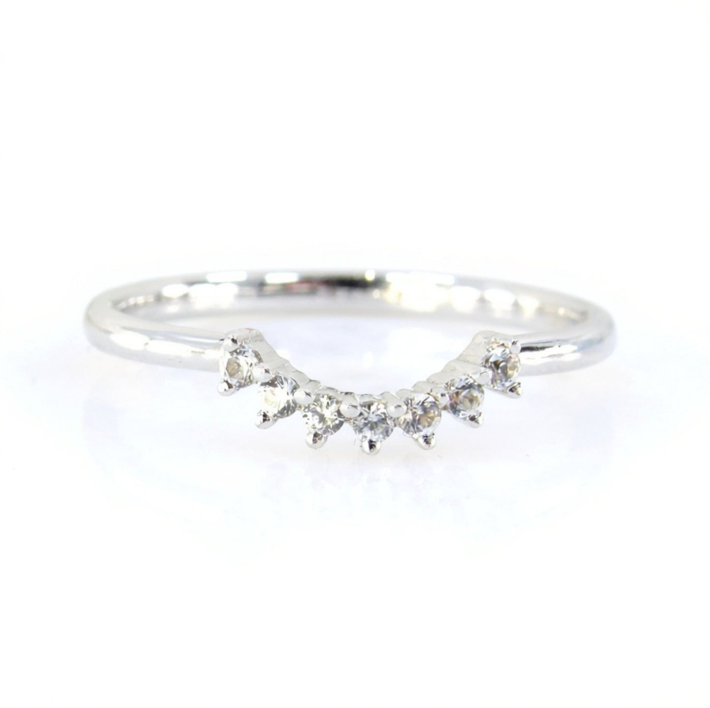 Ready to Ship White Gold White Sapphire Dainty Prong Minimalist Tiara Crown Curved Nesting Ring Wedding Band Wan Love Designs