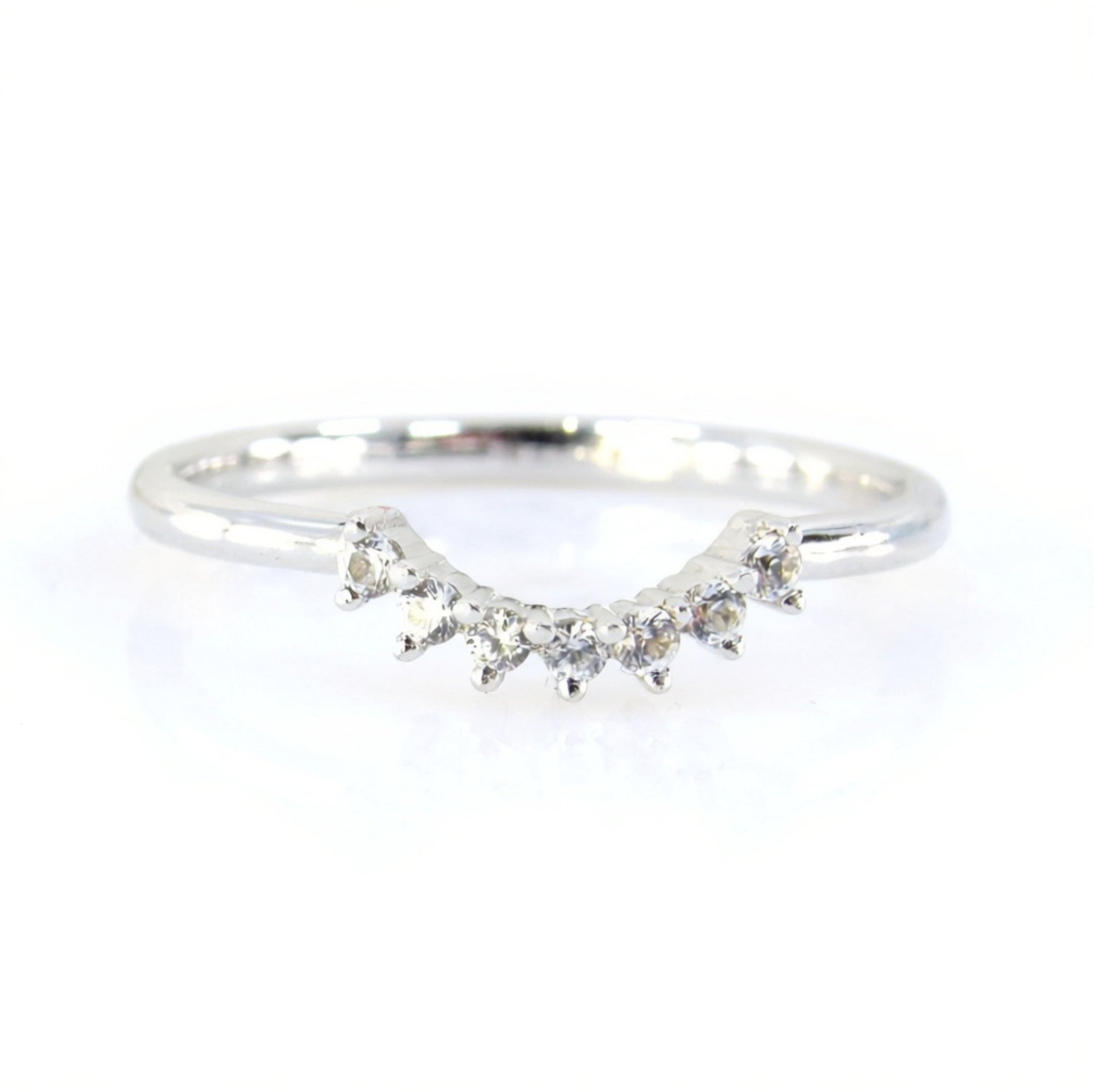 Ready to Ship White Gold White Sapphire Dainty Prong Minimalist Tiara Crown Curved Nesting Ring Wedding Band Wan Love Designs