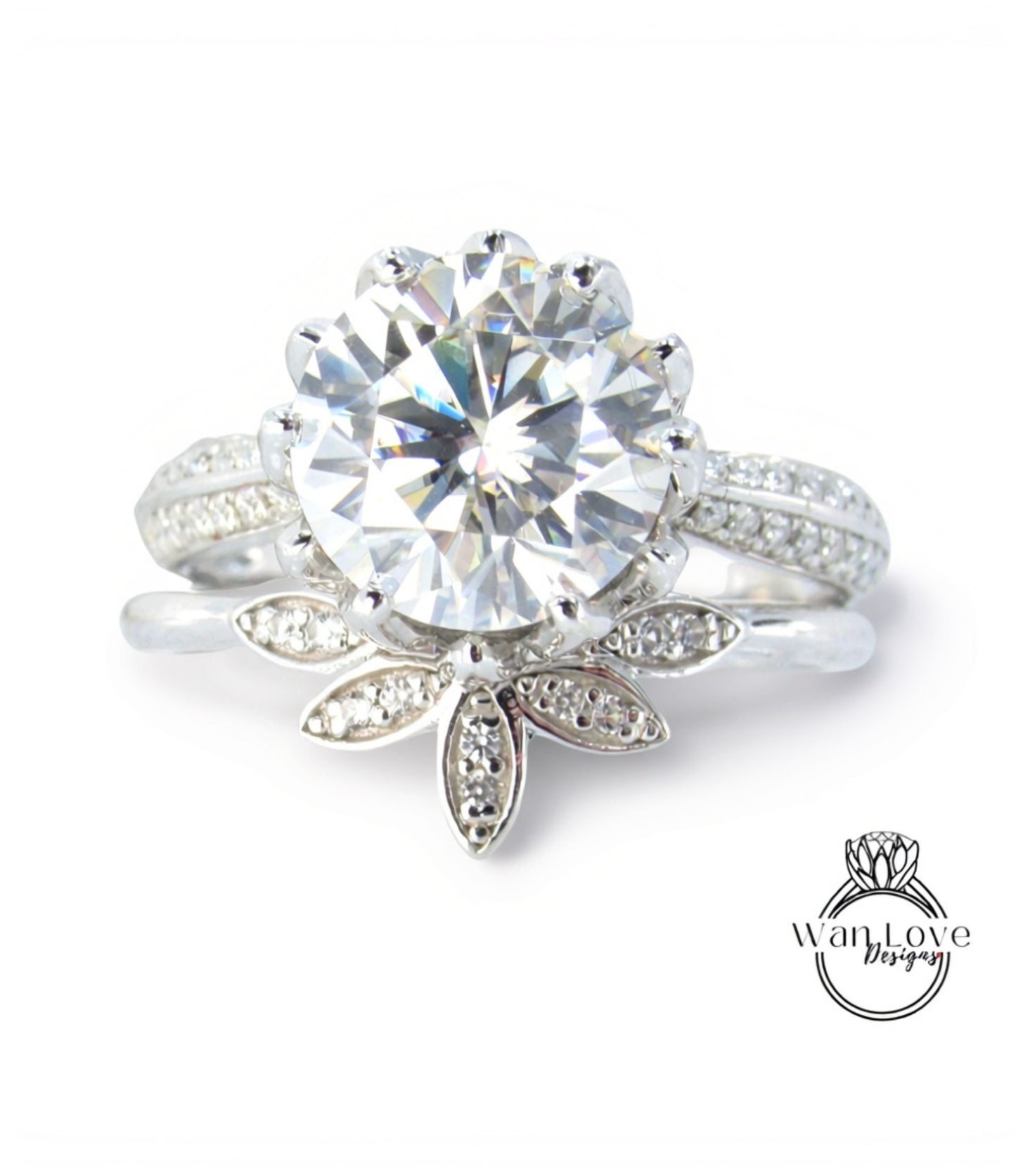 A stunning diamond engagement ring with a large central diamond surrounded by smaller diamonds set in a floral-inspired design.