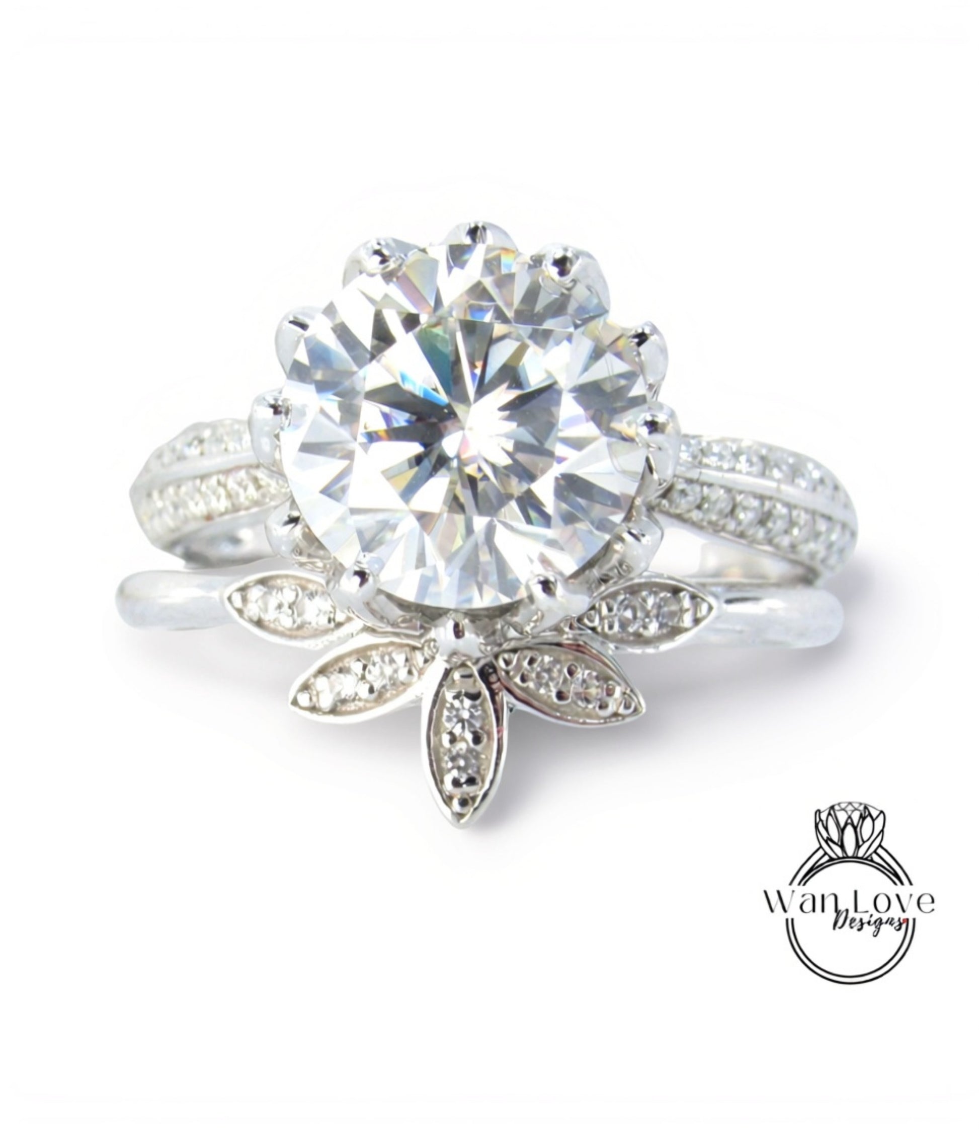 A stunning diamond engagement ring with a large central diamond surrounded by smaller diamonds set in a floral-inspired design.