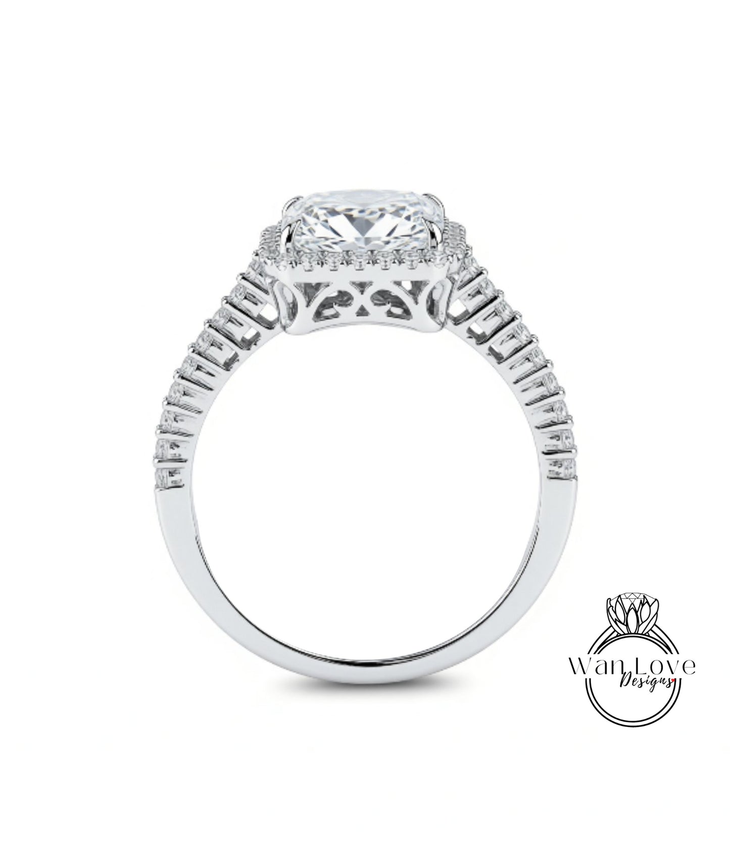 A close-up view of a diamond engagement ring with a large central diamond surrounded by smaller diamonds set in a halo.