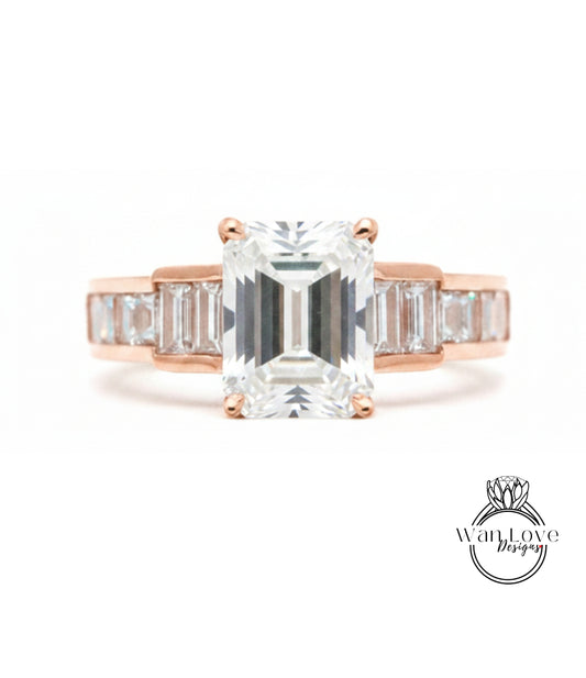 a beautiful engagement ring with a large, clear gemstone set in a rose gold band.