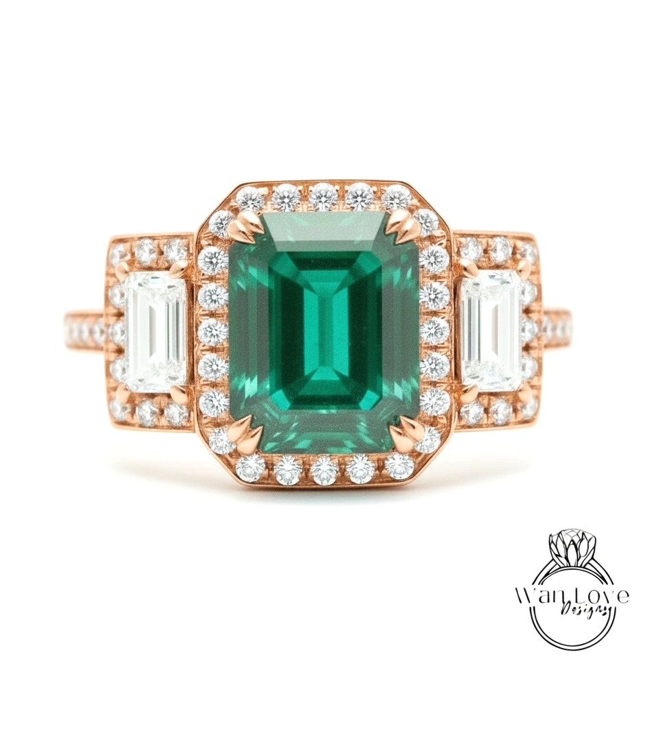 A stunning engagement ring with a large, vibrant green gemstone surrounded by smaller diamonds set in a halo of smaller diamonds.