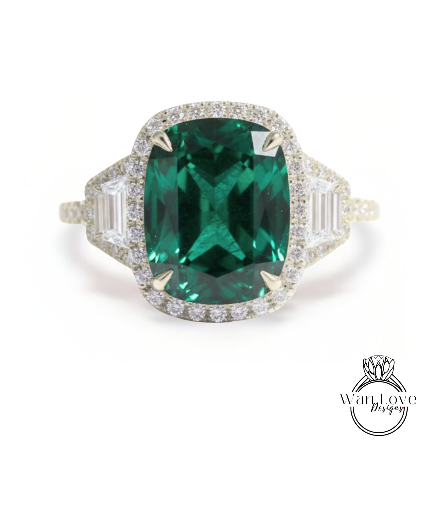 A large, oval-shaped green gemstone set in a halo of smaller diamonds, surrounded by a halo of smaller diamonds, all set in a gold ring.