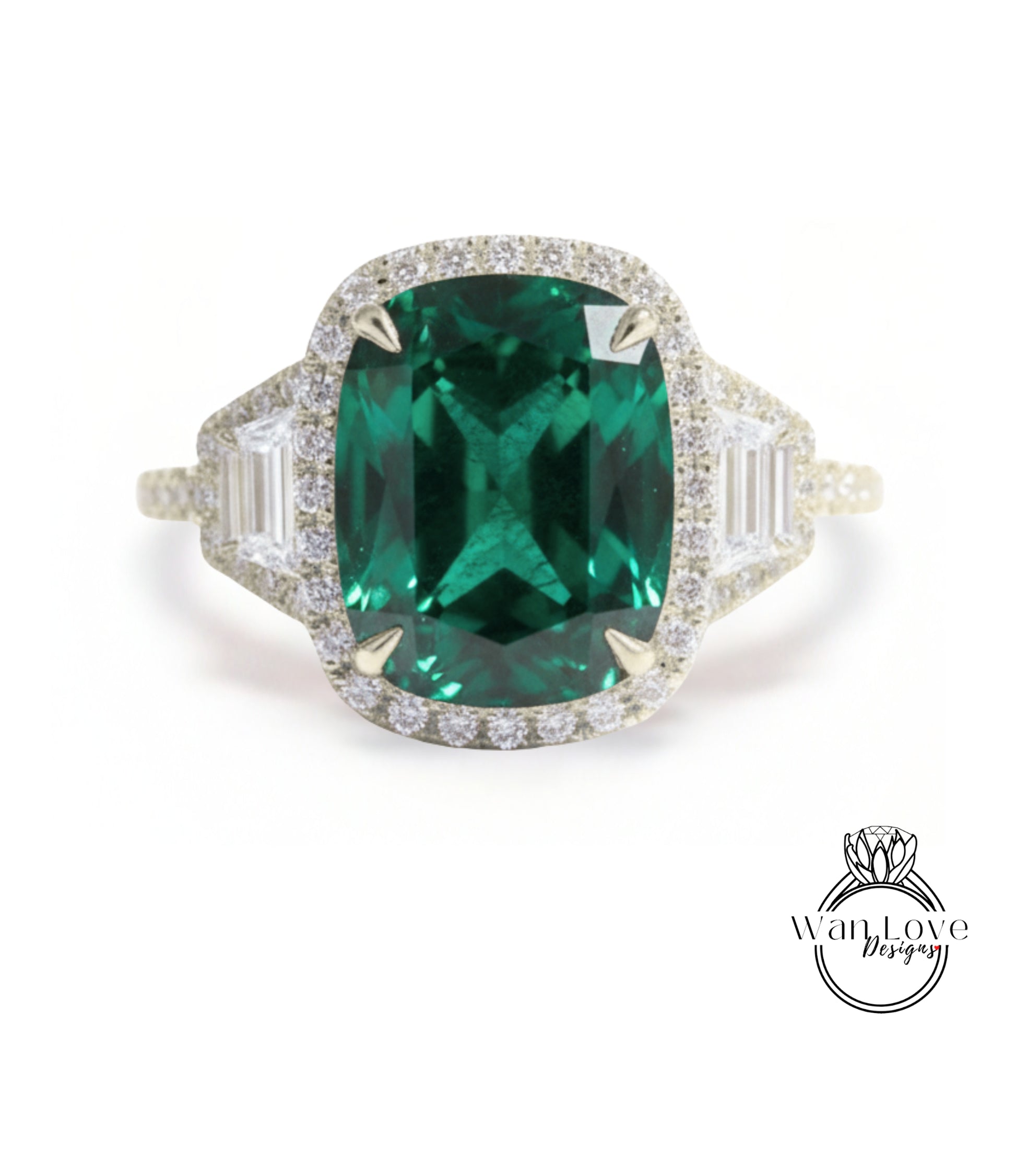 A large, oval-shaped green gemstone set in a halo of smaller diamonds, surrounded by a halo of smaller diamonds, all set in a gold ring.