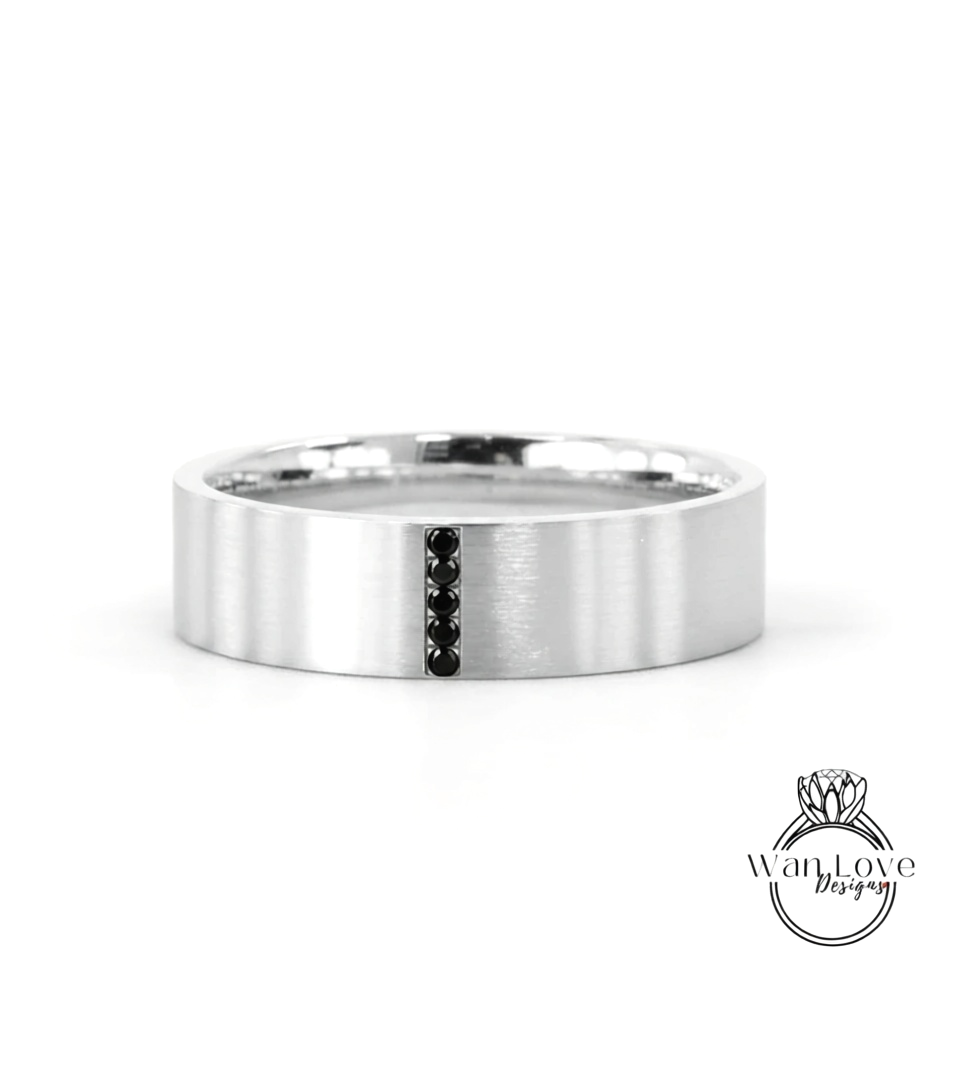 Solid gold men band flat wedding band Vintage Art deco Saphire band 14k solid white gold wedding band unique Bridal ring Anniversary Gift