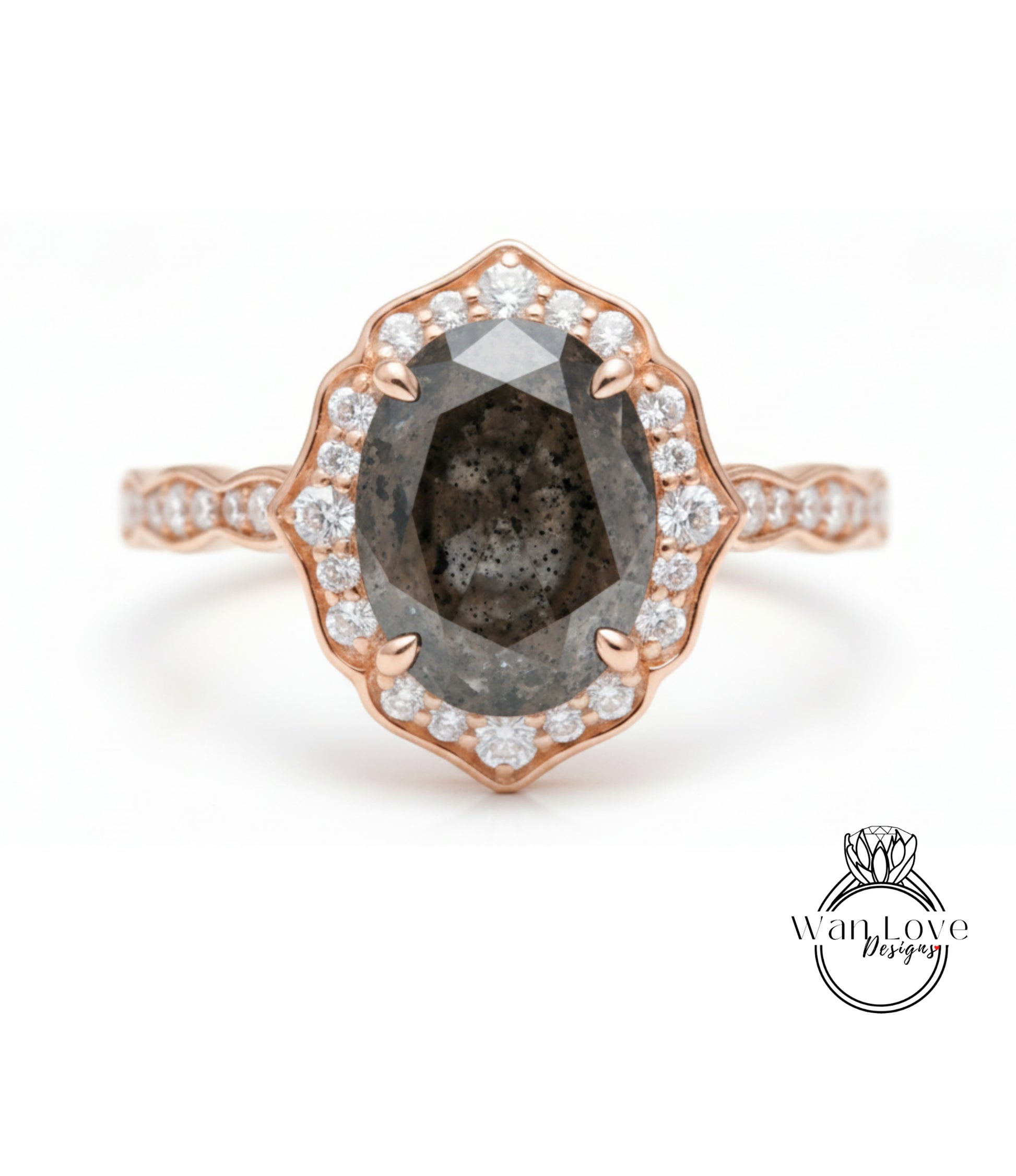 a beautiful engagement ring with a large oval-shaped diamond set in a rose gold band, surrounded by smaller diamonds.