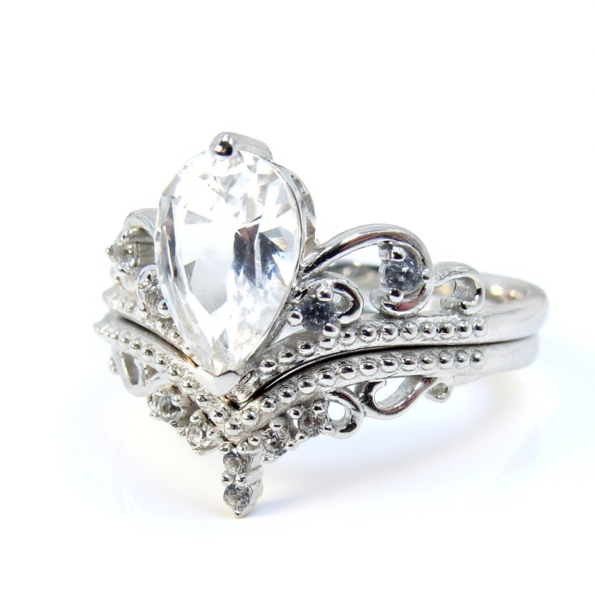 White Sapphire Pear Diamond Engagement Ring,V Contoured Wedding Band Set,Royal Princess, Custom-14k 18k White Yellow Rose Gold