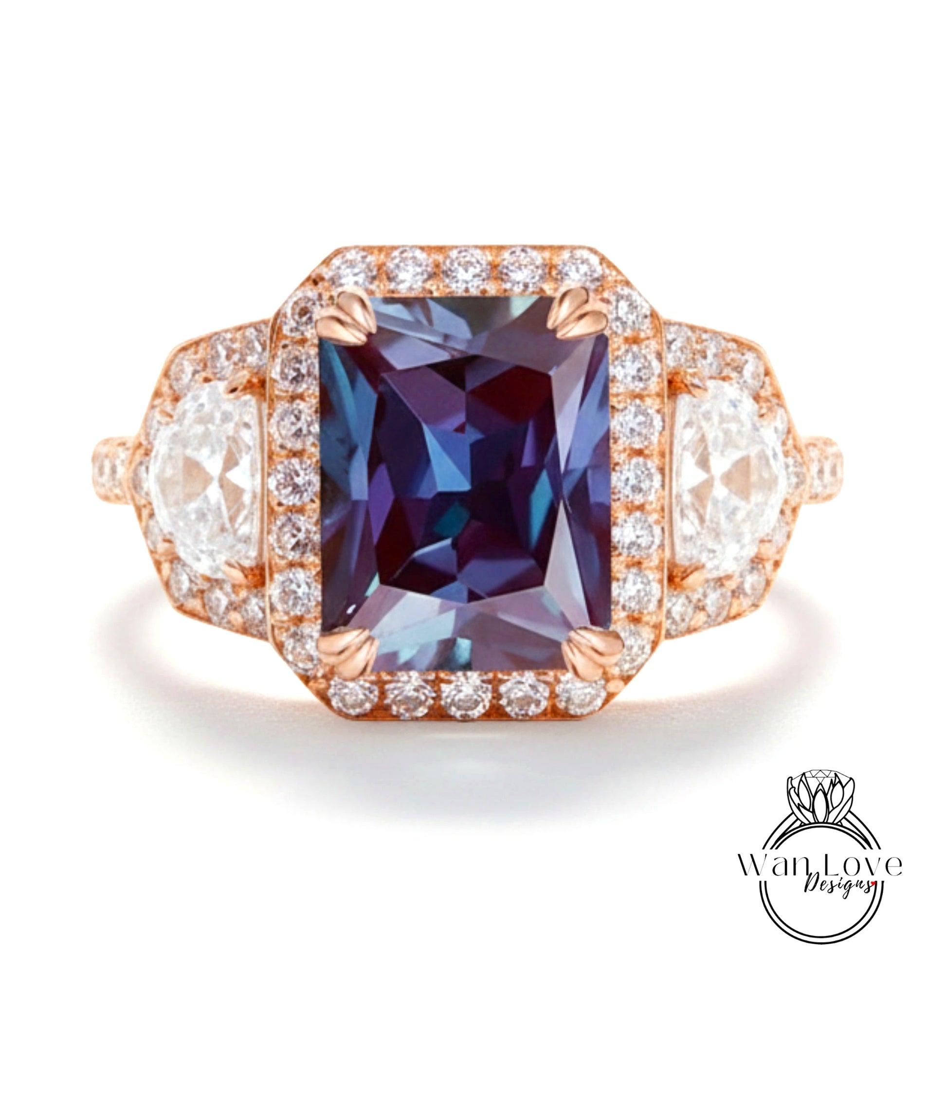 A stunning ring featuring a large, deep blue gemstone surrounded by a halo of smaller diamonds, set in a gold-toned metal band.
