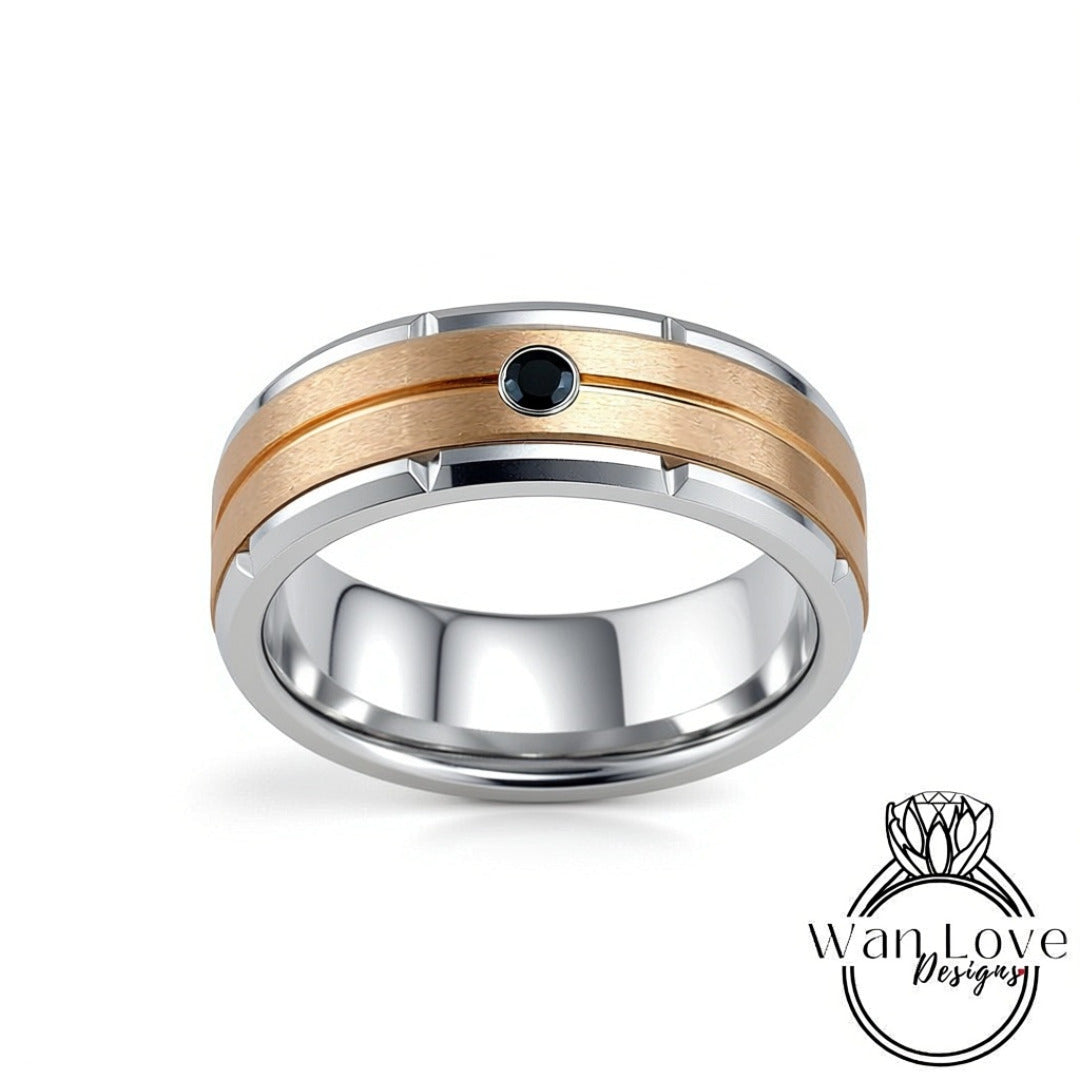 Mens Blue Sapphire Tungsten Band, Mens Silver Gold Wedding Ring, Mens Moissanite Diamond Wedding Ring, Tungsten Carbide Band,Engagement Ring