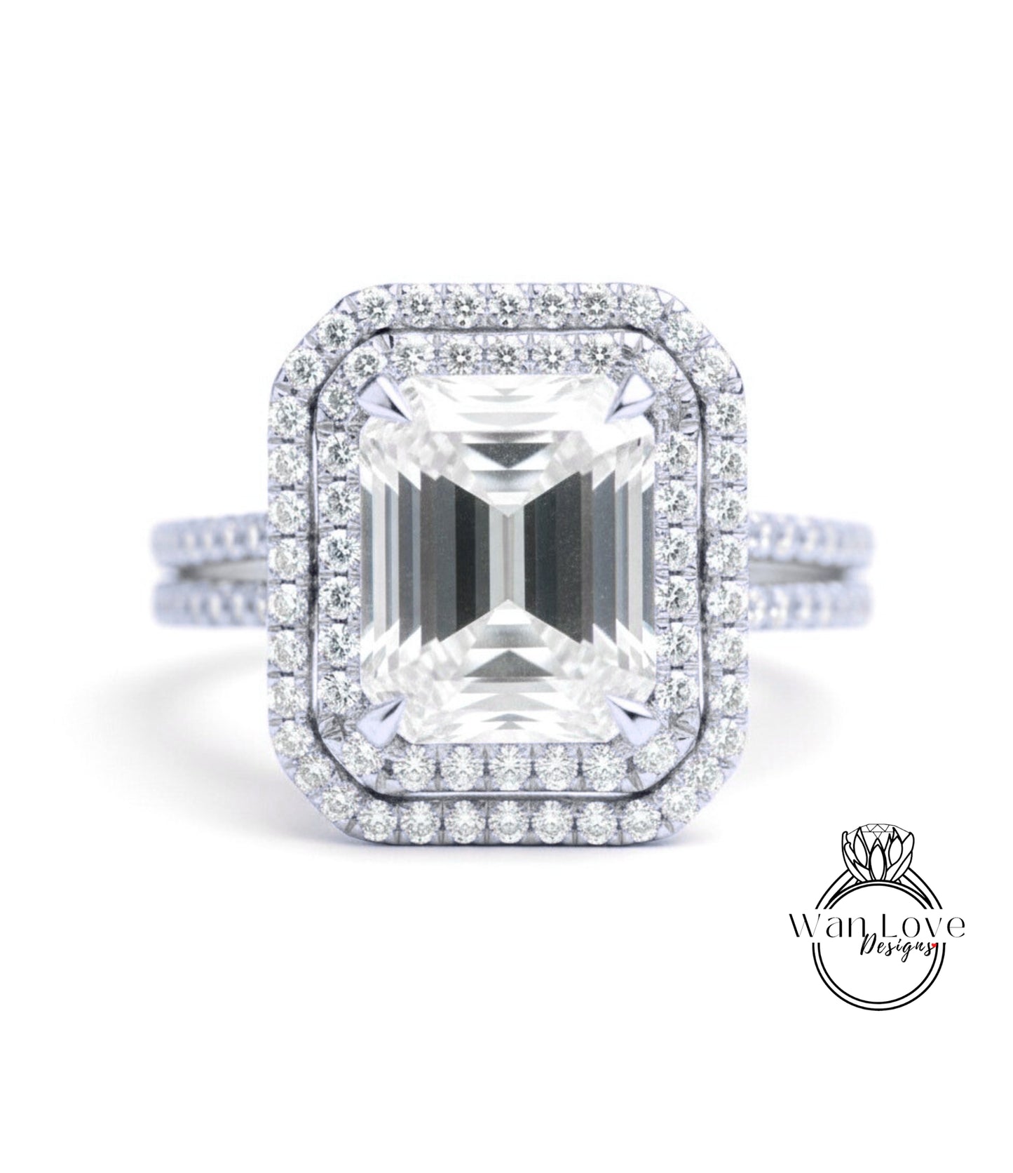 A stunning diamond engagement ring with a large, brilliant-cut diamond set in a halo of smaller diamonds, surrounded by a halo of smaller diamonds.