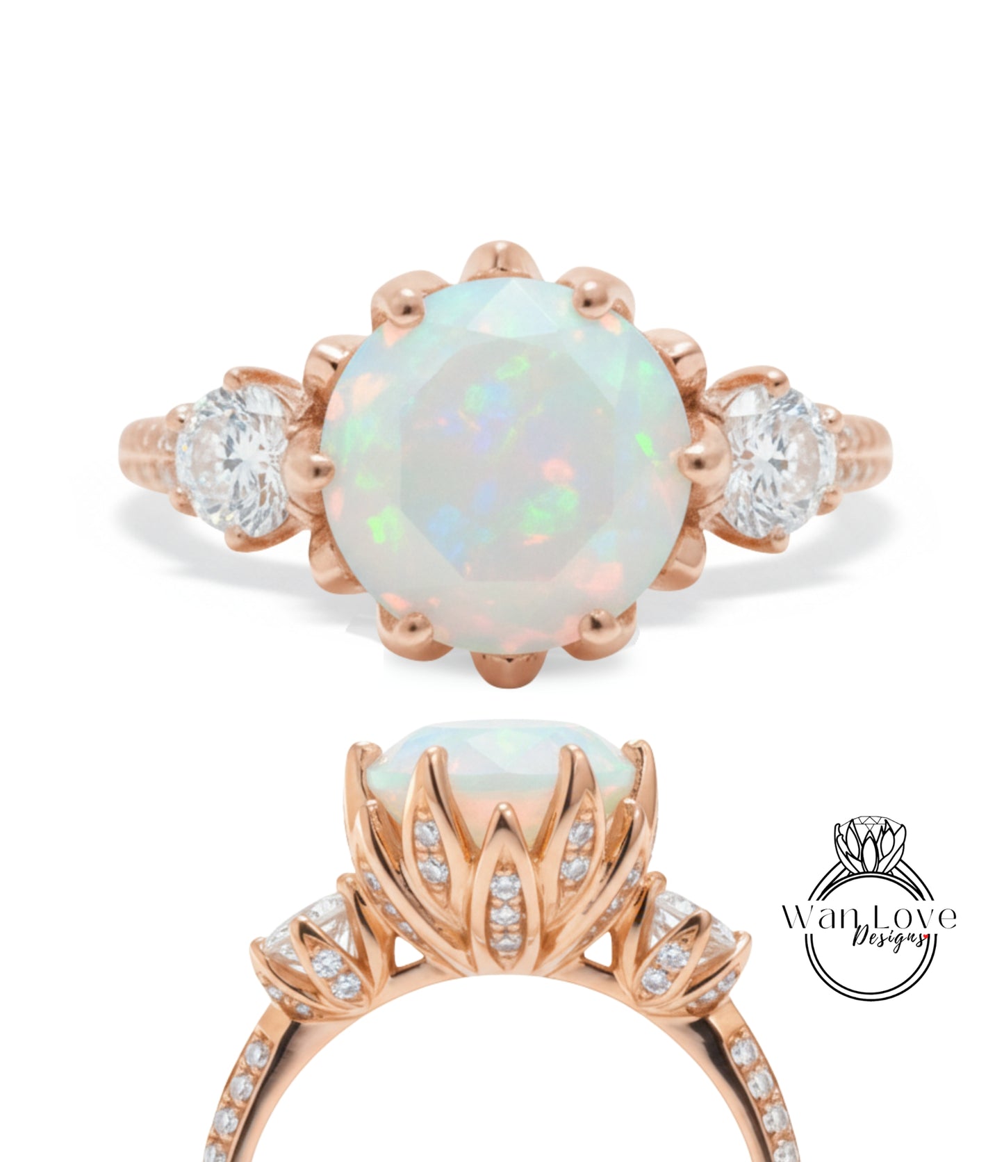 a beautiful engagement ring with a large opal gemstone set in a rose gold band. The ring is adorned with smaller diamonds and has a delicate floral design.
