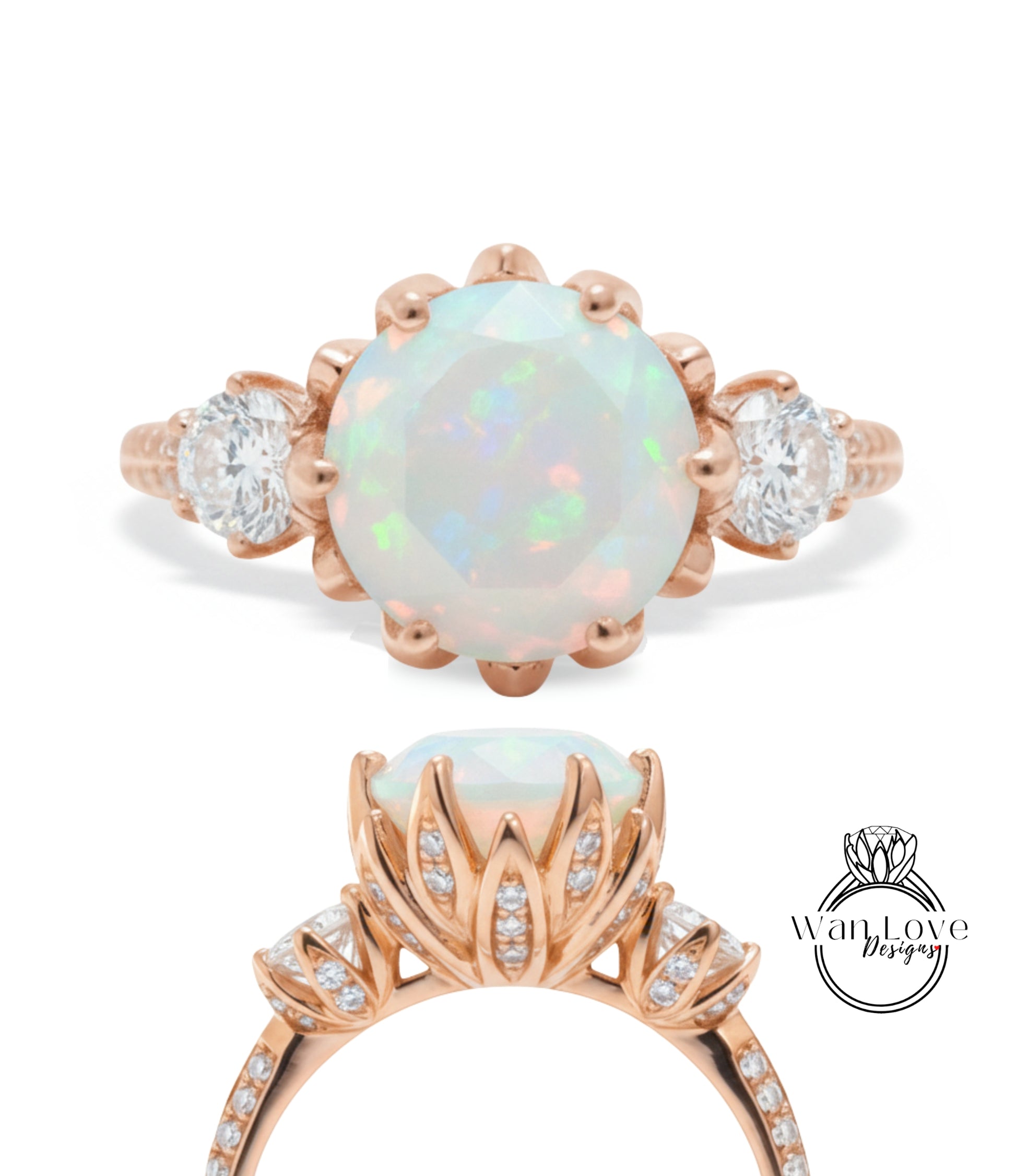 a beautiful engagement ring with a large opal gemstone set in a rose gold band. The ring is adorned with smaller diamonds and has a delicate floral design.