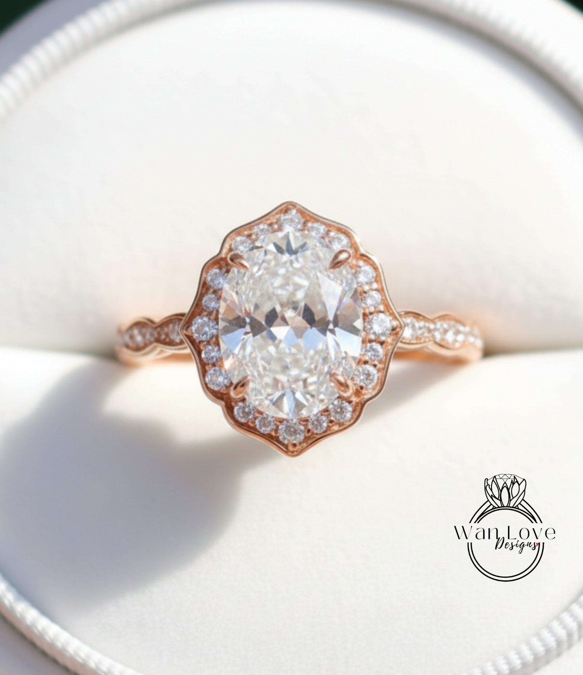 A close-up image of a beautiful diamond engagement ring with a large oval-shaped diamond at the center, surrounded by smaller diamonds and set in a rose gold band.
