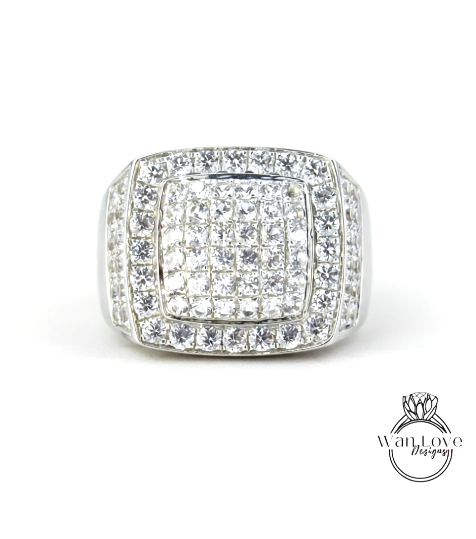 White Sapphire Large Pave Wedding Bands-Mens Ring-3.7ct 2mm-Silver Rhodium-Engagement-Pinky-Anniversary Gift-Thick Shank-Ready to ship