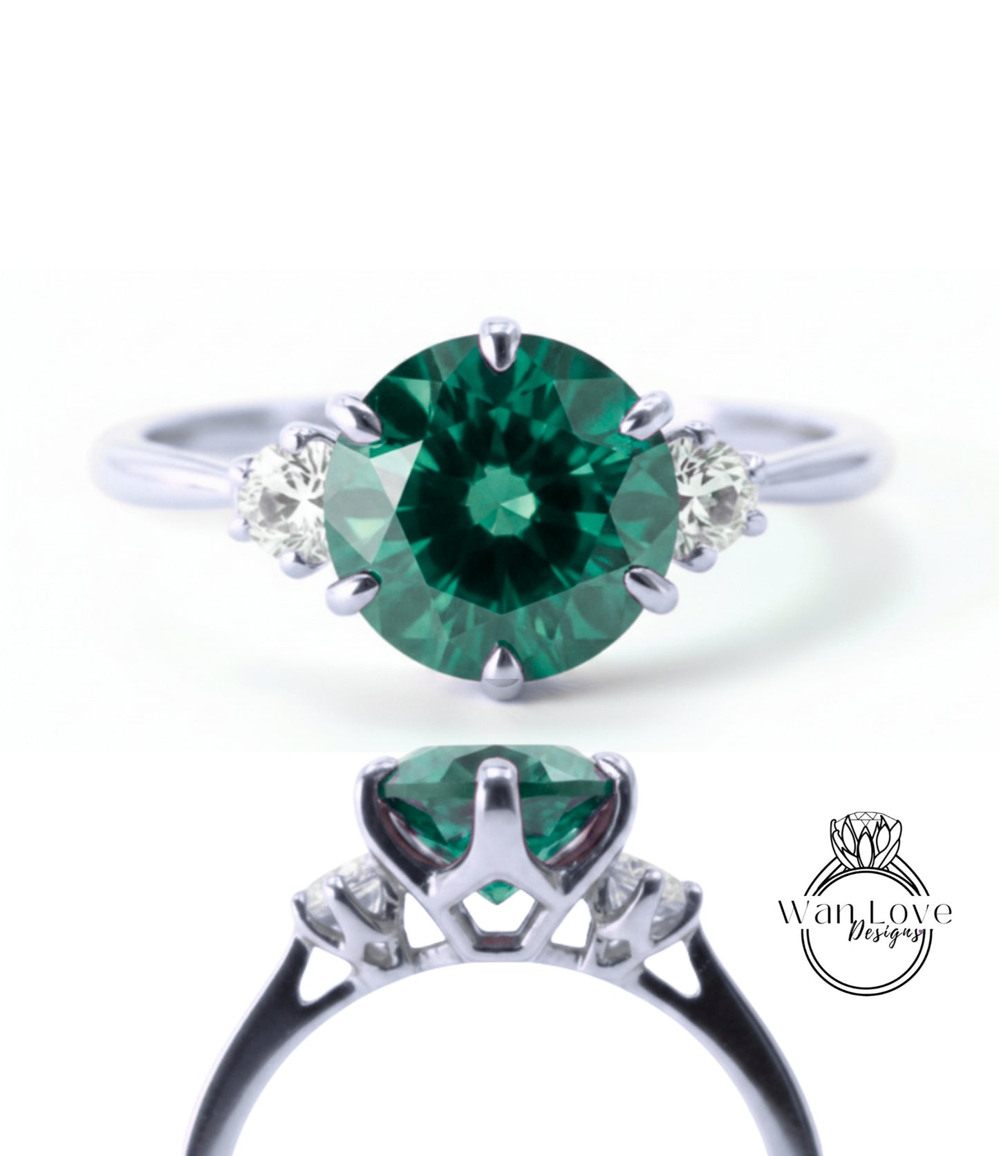 a silver ring with a large oval-shaped green gemstone set in the center, surrounded by smaller diamonds.