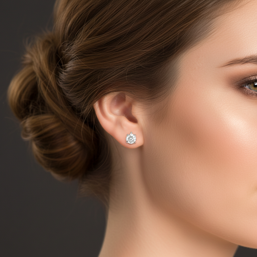 A close-up of a woman's face, focusing on her ear with a diamond earring.