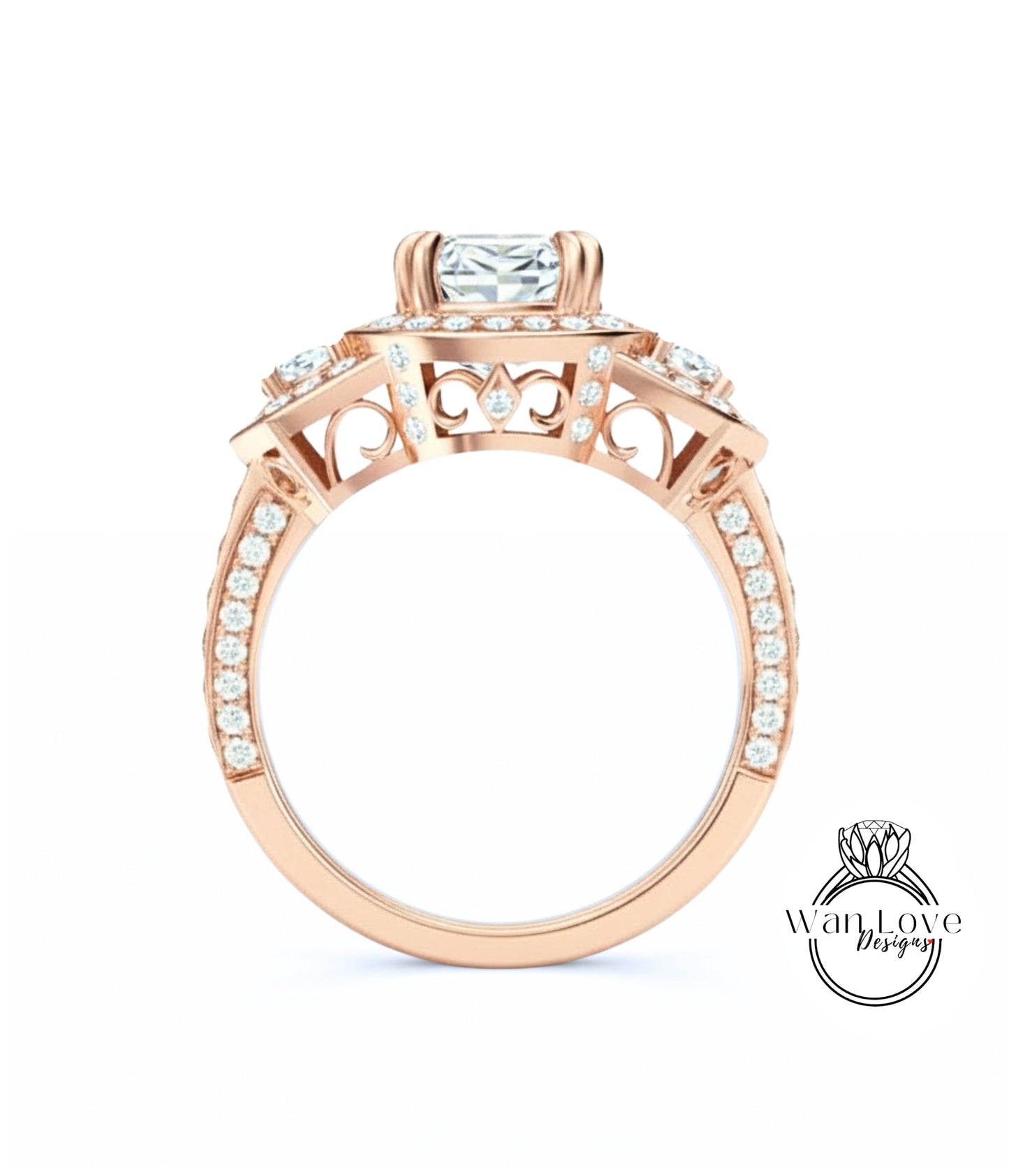 A close-up of a rose gold engagement ring with a large central diamond surrounded by smaller diamonds on the band.