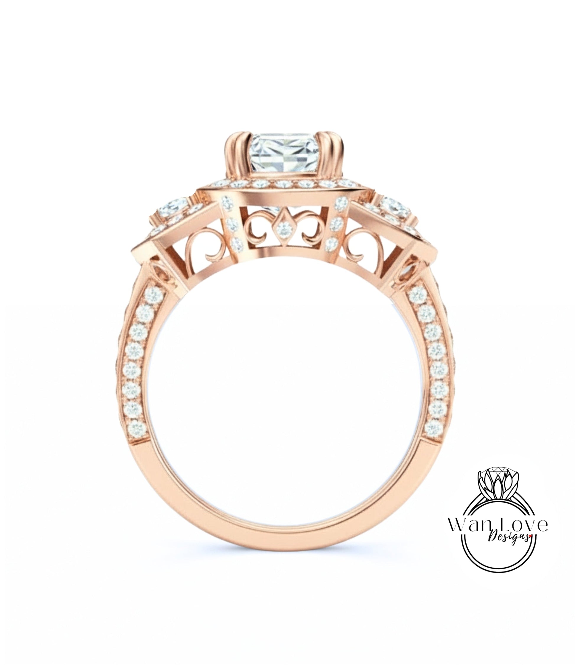 A close-up of a rose gold engagement ring with a large central diamond surrounded by smaller diamonds on the band.