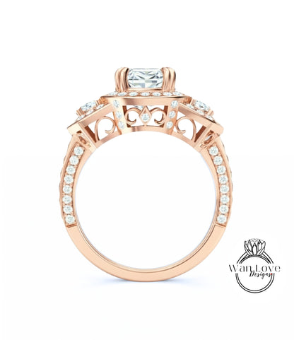 A close-up of a rose gold engagement ring with a large central diamond surrounded by smaller diamonds on the band.
