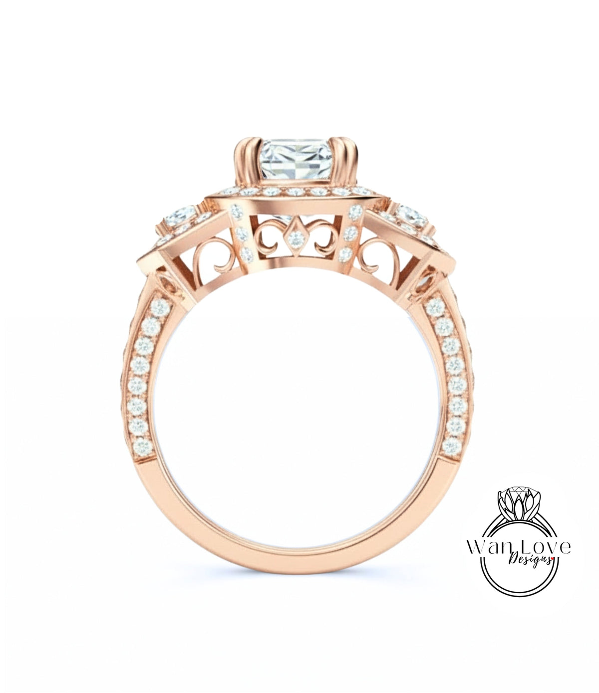 A close-up of a rose gold engagement ring with a large central diamond surrounded by smaller diamonds on the band.