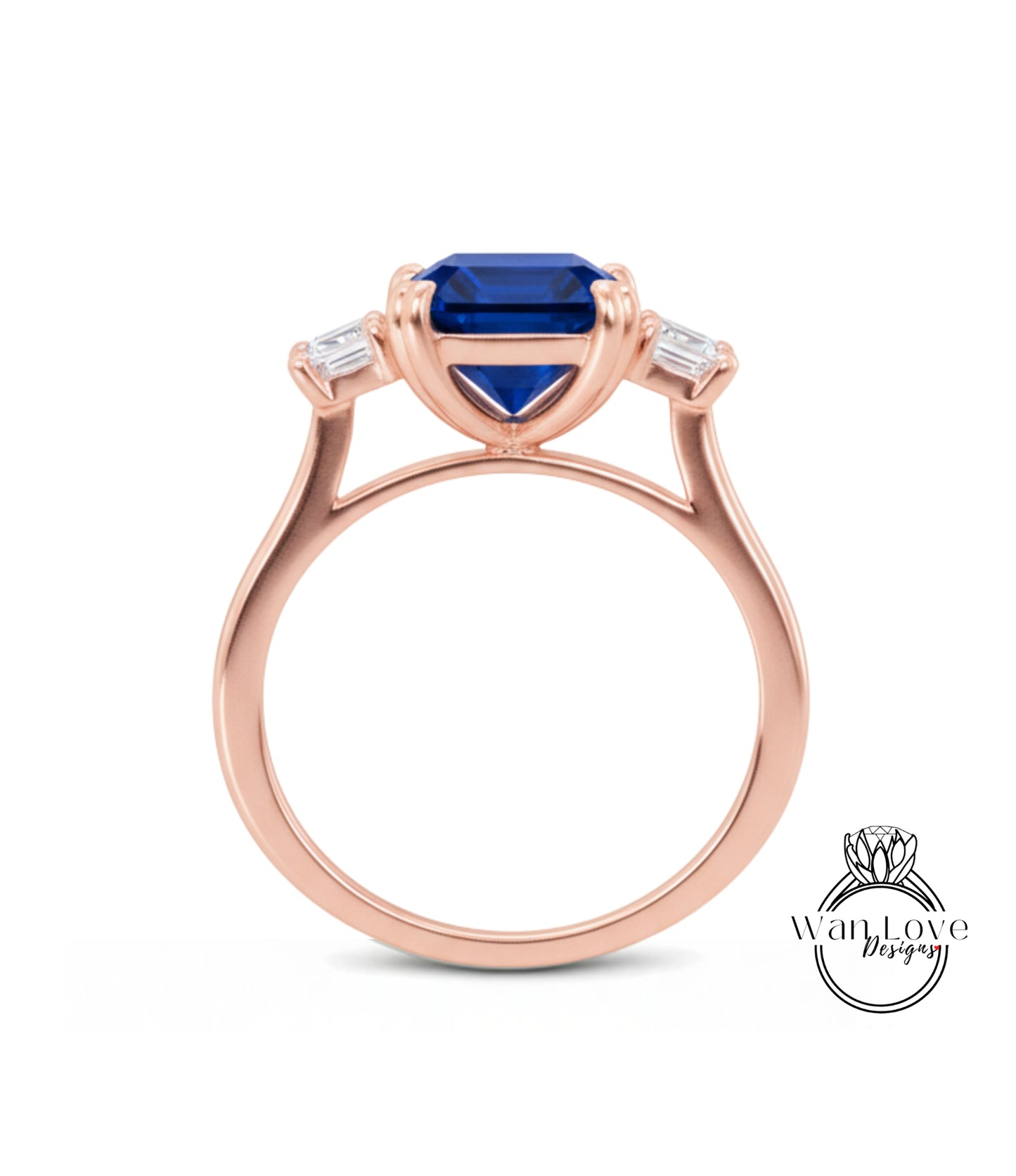 A rose gold ring with a large blue gemstone set in the center, surrounded by smaller diamonds.