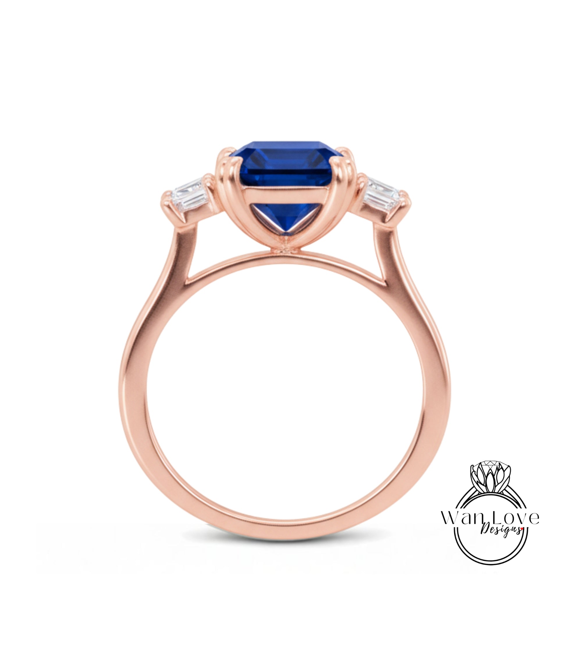 A rose gold ring with a large blue gemstone set in the center, surrounded by smaller diamonds.